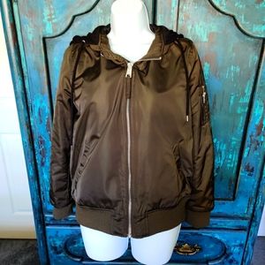 Olive green hooded "bomber" jacket